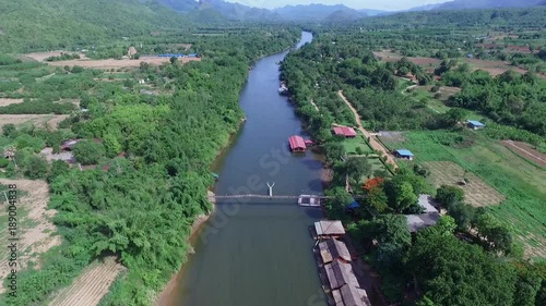 aerial view raft in the river near countryside and forrest photo