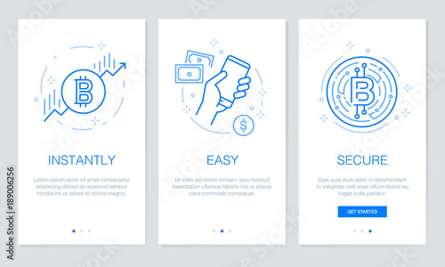Cryptocurrency and Blockchain concept onboarding app screens. Modern and simplified vector illustration walkthrough screens template for mobile apps.
