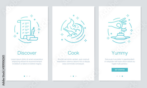 Food and Recipes concept onboarding app screens. Modern and simplified vector illustration walkthrough screens template for mobile apps.