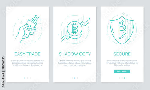Cryptocurrency and Blockchain concept onboarding app screens. Modern and simplified vector illustration walkthrough screens template for mobile apps.