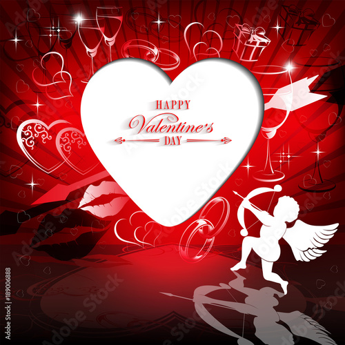 red design with silhouette of heart and cupid