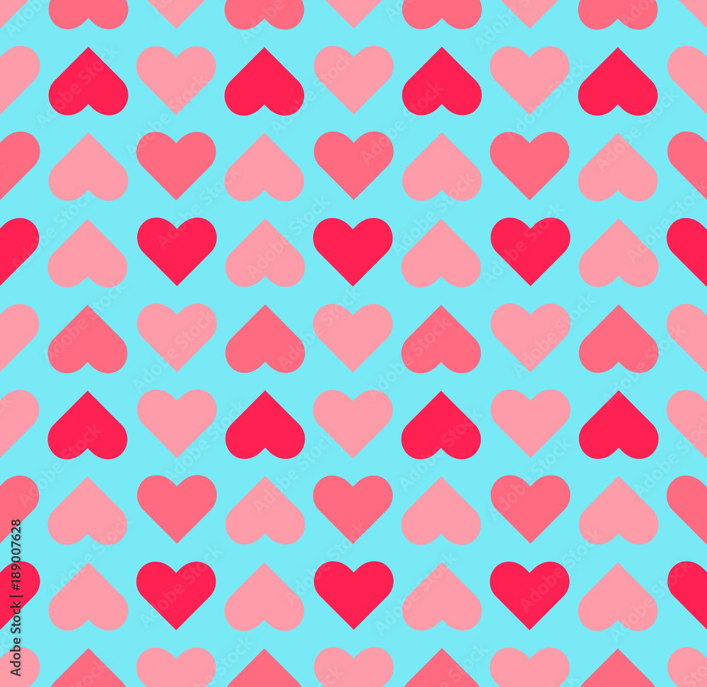 Cute Valentine's day pattern with pink hearts on blue background. Cartoon flat hearts texture for lovely textile, wrapping paper, wallpaper, cover, surface
