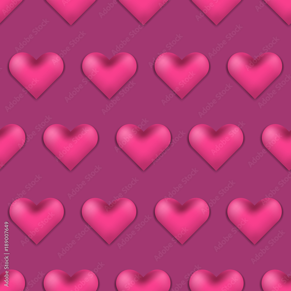 Elegant deep pink Valentine's day seamless pattern with 3d hearts on purple background. Passion luxury cherry hearts texture for textile, wrapping paper, wallpaper, cover, surface