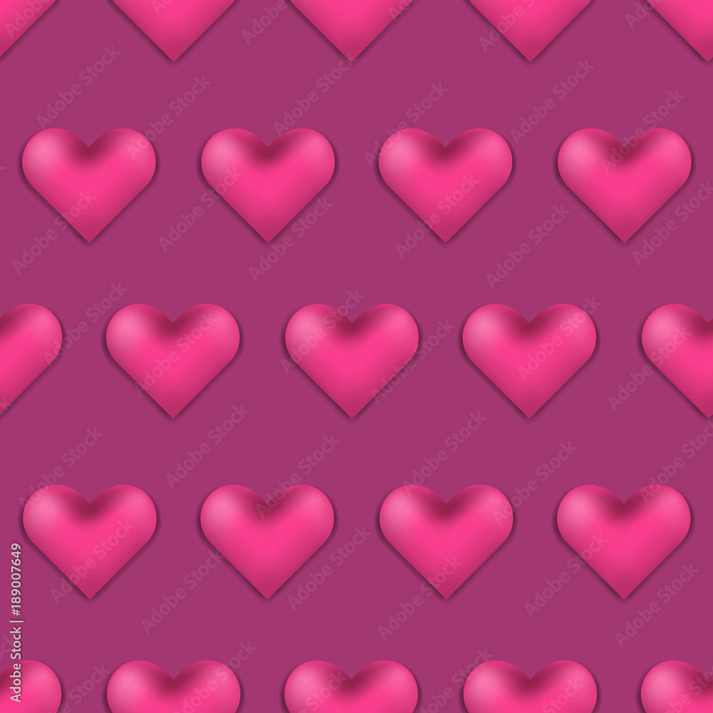 Elegant deep pink Valentine's day seamless pattern with 3d hearts on purple background. Passion luxury cherry hearts texture for textile, wrapping paper, wallpaper, cover, surface Elegant deep pink Valentine's day seamless pattern with 3d hearts on purple background. Passion luxury cherry hearts texture for textile, wrapping paper, wallpaper, cover, surface