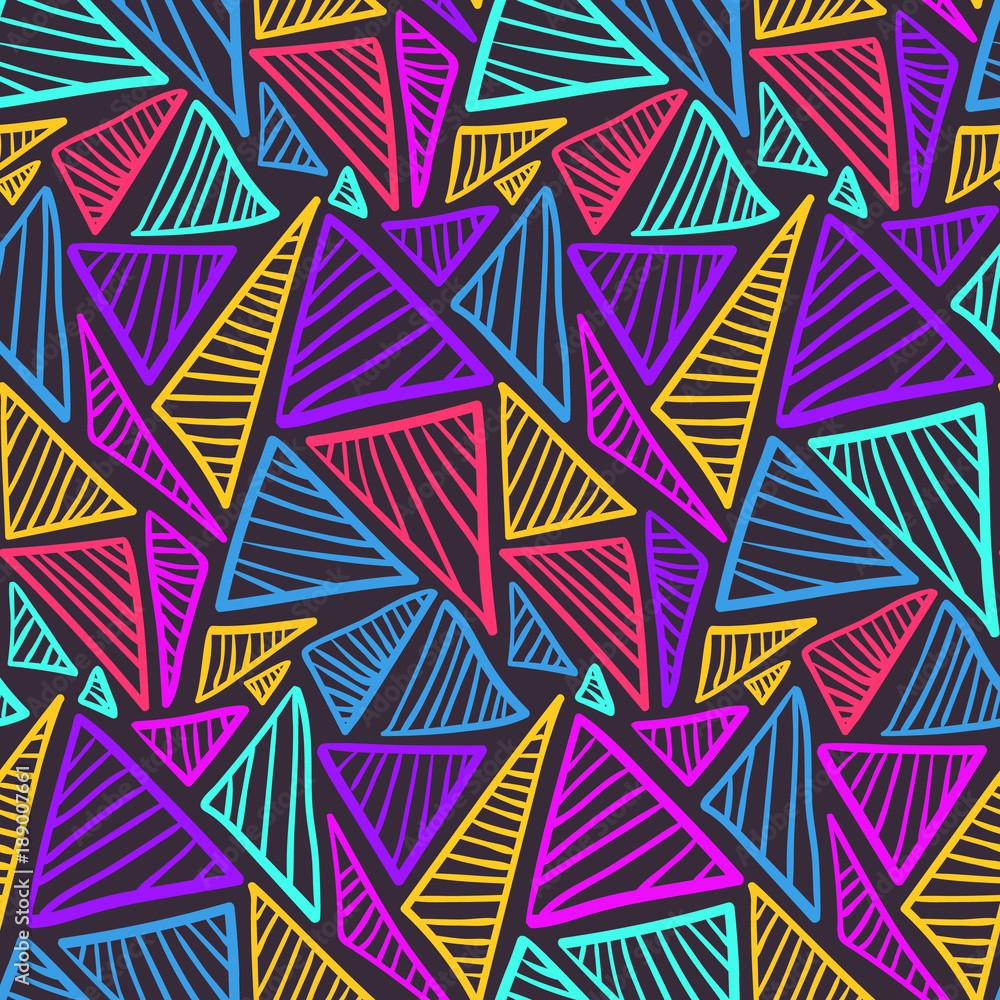 Fototapeta Doodle bezszwowy wzór z jaskrawym neonowym kolorem podrapał trójboka na ciemnym tle. Streszczenie moda modny wektor tekstury z ręcznie rysowane kształty włókienniczych, papier pakowy, powierzchni, tapety