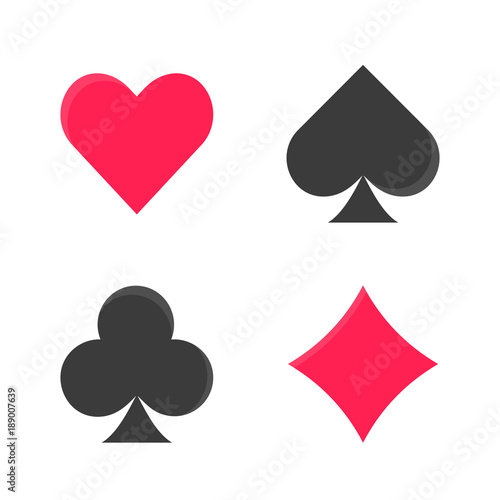 Flat vector black and red colorful playing cards suits. Diamonds, clubs, hearts and spades symbols for leasure activity games design