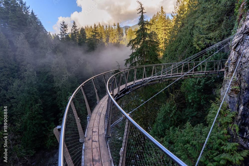 Fototapeta premium widok z góry z mostu wiszącego na wzburzonych strumieniach górskiej rzeki wśród zielonych lasów i gór skalistych