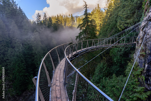 a view from above from the suspension bridge on rough streams of a mountain river among green forests and rocky mountains photo