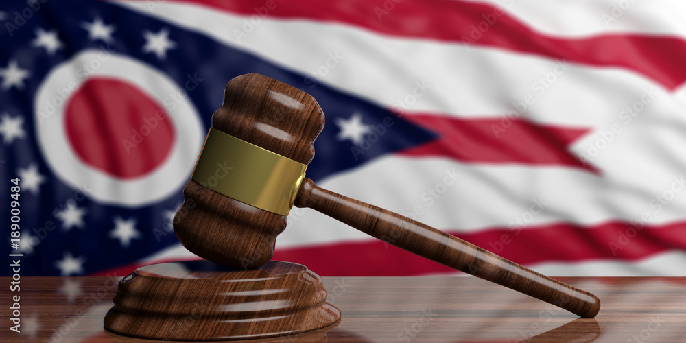 Judge or auction gavel on Ohio US America flag background. 3d illustration