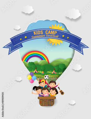 Illustration of  kids summer camp education with balloon. The cheerfully of the children going to camping for doing activities enjoy on daytime. vector paper art and craft style