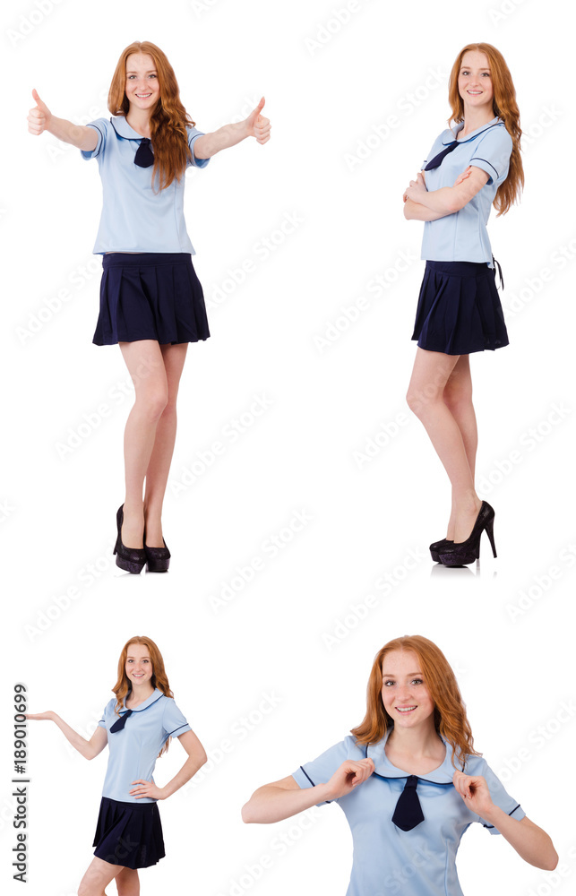Young naughty student pressing virtual button isolated on white Young naughty student pressing virtual button isolated on white