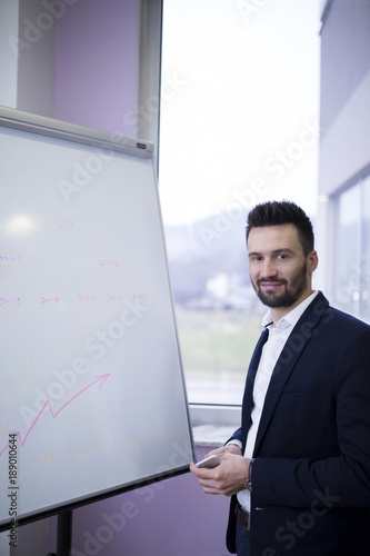 Young business man in front of white board