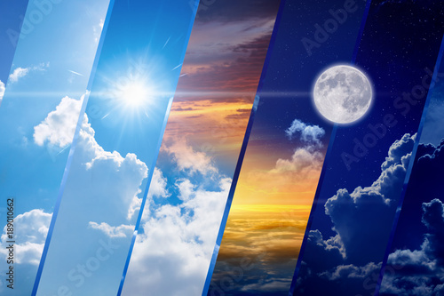 Weather forecast collage, day and night, light and darkness, sun and moon photo