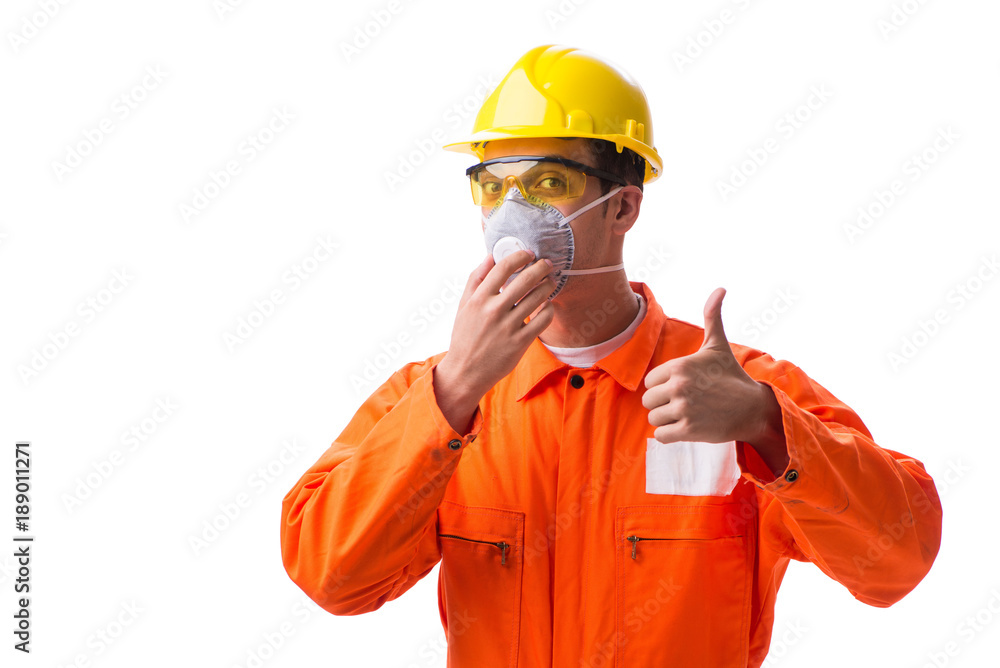 Construction worker with protective mask isolated on white Construction worker with protective mask isolated on white