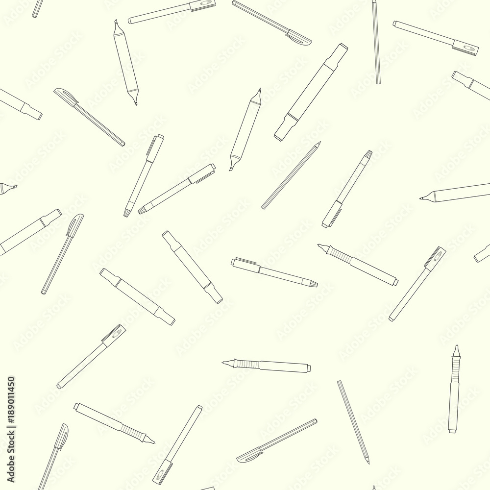 Seamless pattern background with tools for sketching. Marker, pencil, liner, white gel pen, highlighter.Line art Seamless pattern background with tools for sketching. Marker, pencil, liner, white gel pen, highlighter.Line art