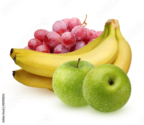 Bunch of red grapes, bananas and green apples on a white background.