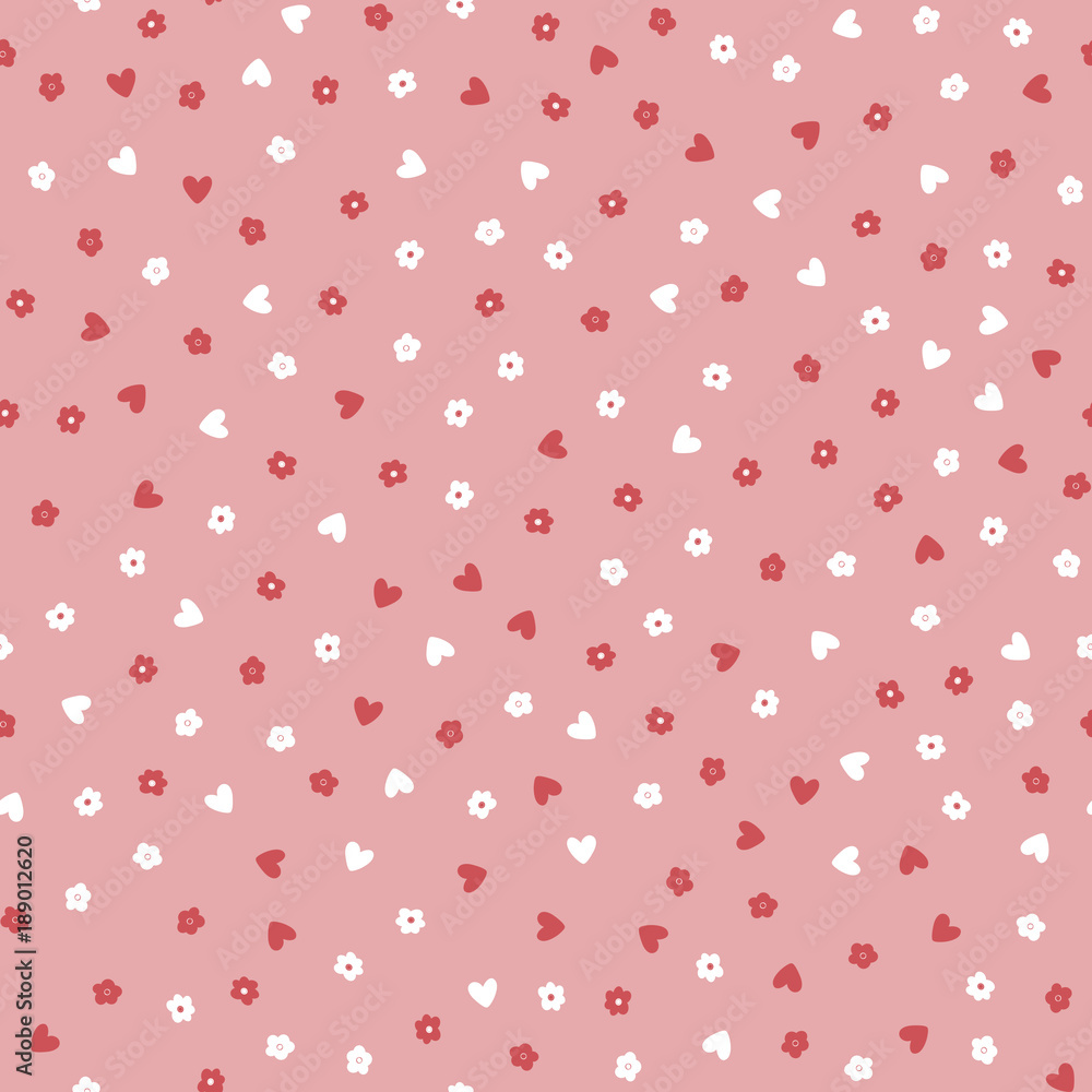Repeated cute small flowers and hearts. Floral seamless pattern.