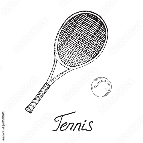 Tennis racket and ball, hand drawn doodle sketch with inscription, isolated vector outline illustration