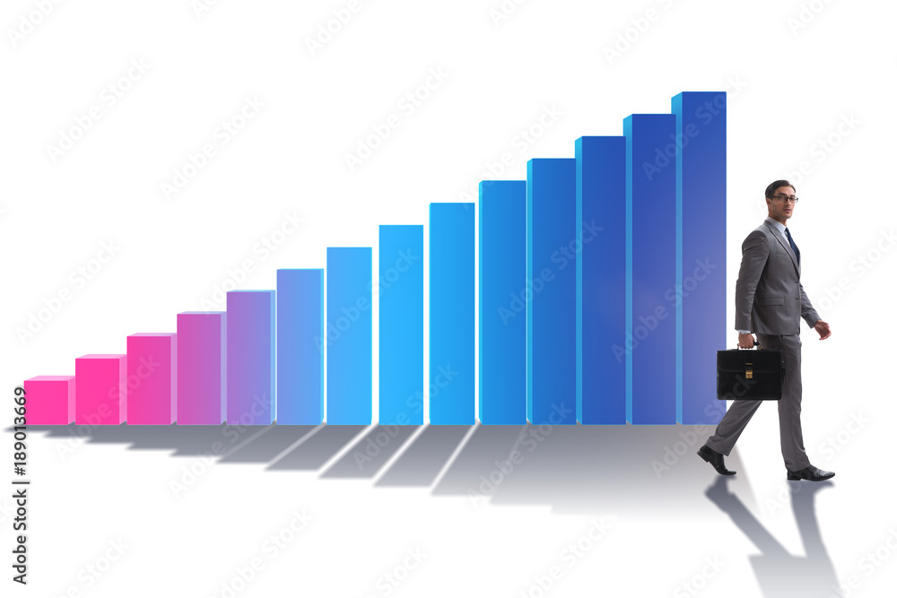Young businessman in business concept with bar charts Young businessman in business concept with bar charts