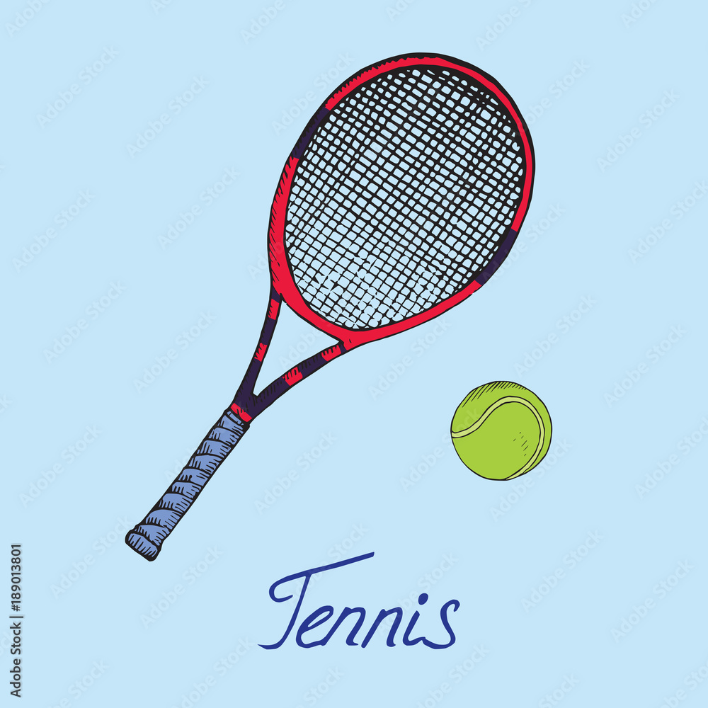 Black and red tennis racket and green ball, hand drawn doodle sketch with inscription, isolated vector color illustration