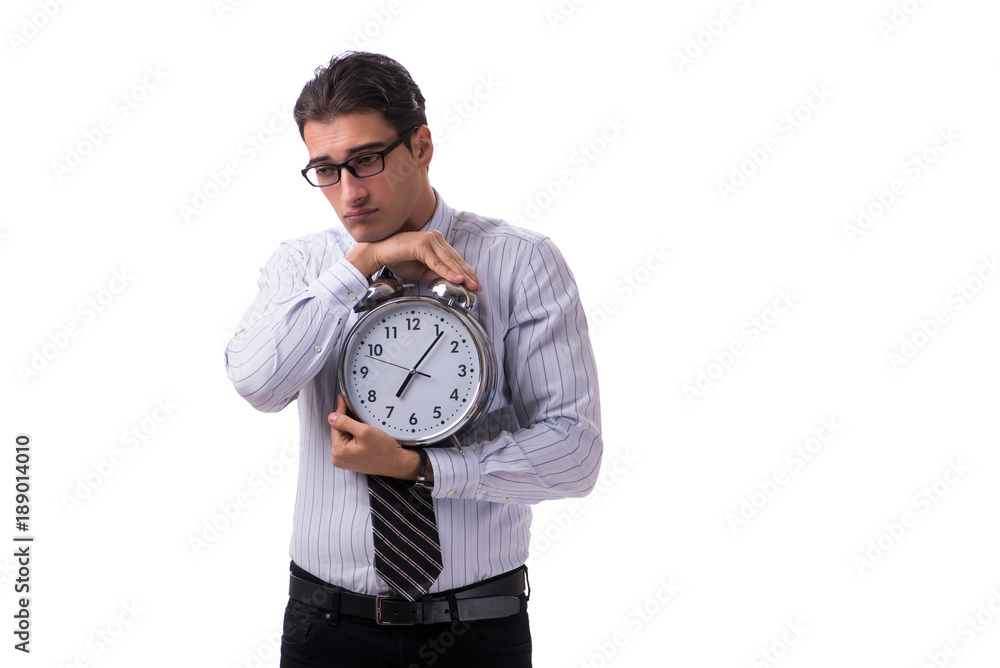 Young businessman in time management concept on white background Young businessman in time management concept on white background