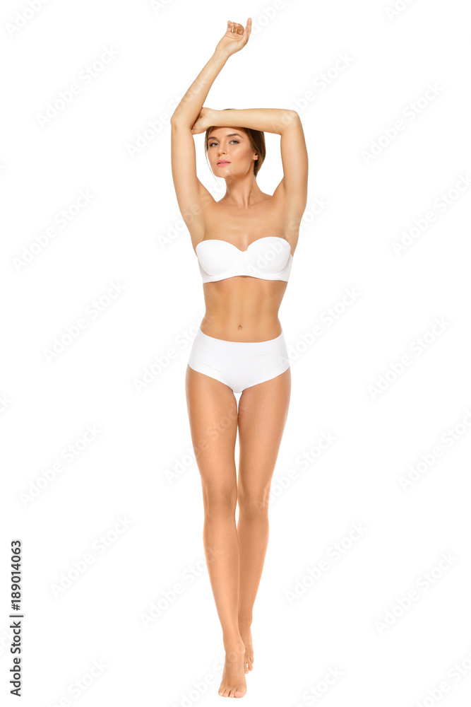 Woman with beautiful body on white background - obrazy, fototapety, plakaty 