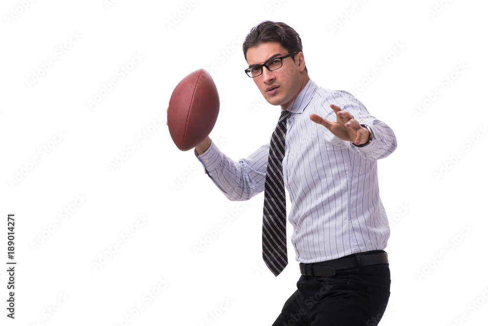 Young businessman with american football isolated on white Young businessman with american football isolated on white