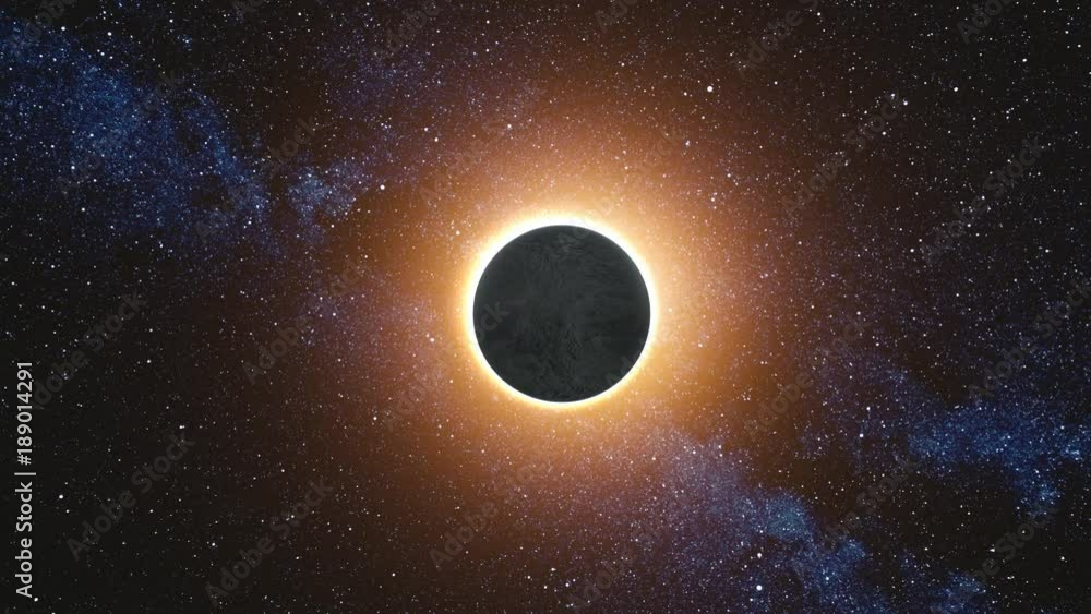 Full solar eclipse. The Moon approach and cover the visible Sun with gold diamond ring effect. Abstract scientific background. High detail 4k. 3D Render. Zoom. Elements of this image furnished by NASA