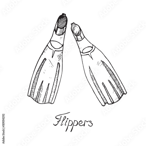 Pair of flippers, hand drawn doodle sketch with inscription, isolated vector outline illustration