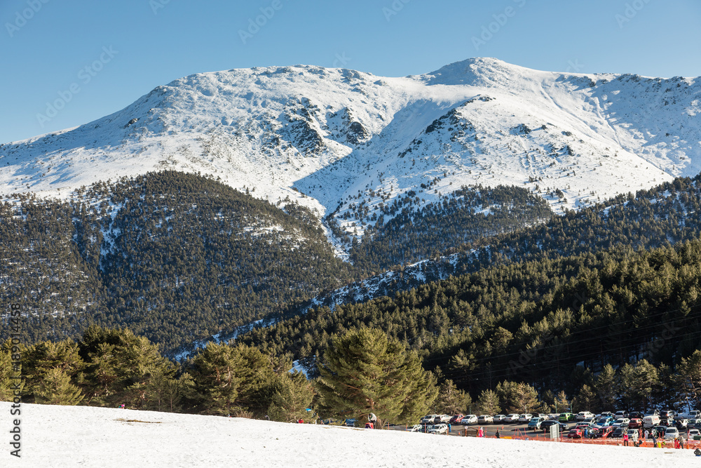 Snowy mountains in the port of Cotos in Guadarrama, Madrid