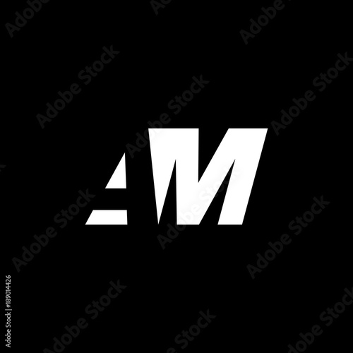 Initial letter AM, negative space logo, white on black background