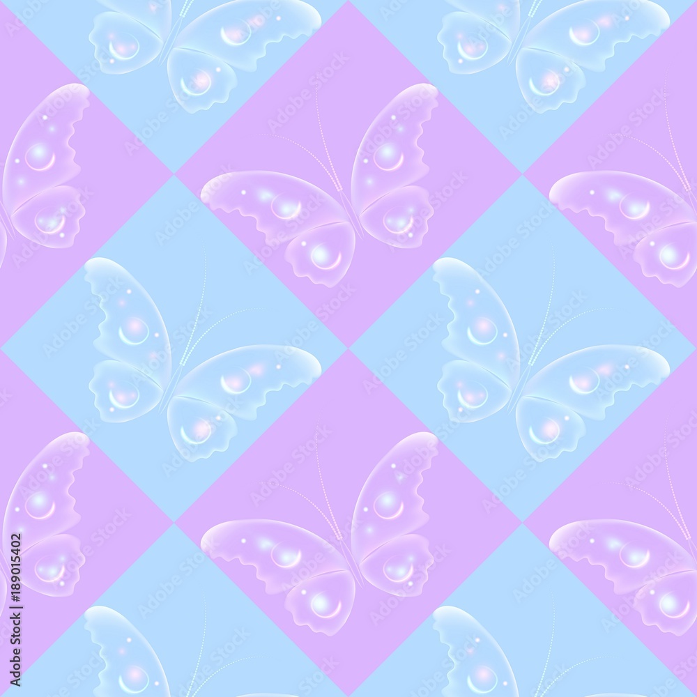 Seamless pattern with color butterflies, Beautiful background in romantic style..Easter theme in blue and purple color.