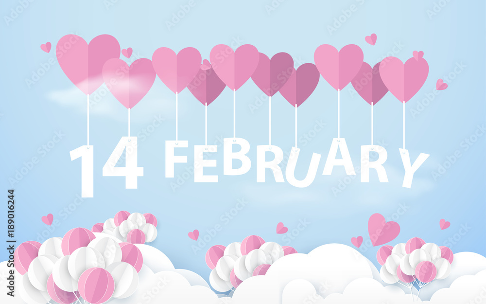 14 February hanging with Pink Heart Balloons in sky. Happy valentines day. Paper art and craft style