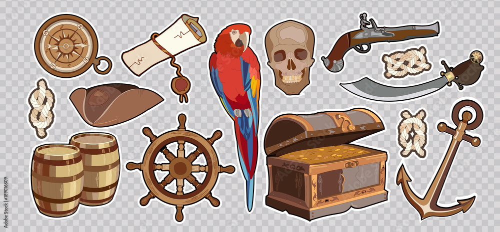 Treasure chest parrot steering wheel skull rum saber pirate hat, pirate  stickers. Pirate vintage elements. Sea adventure stories set Stock Vector