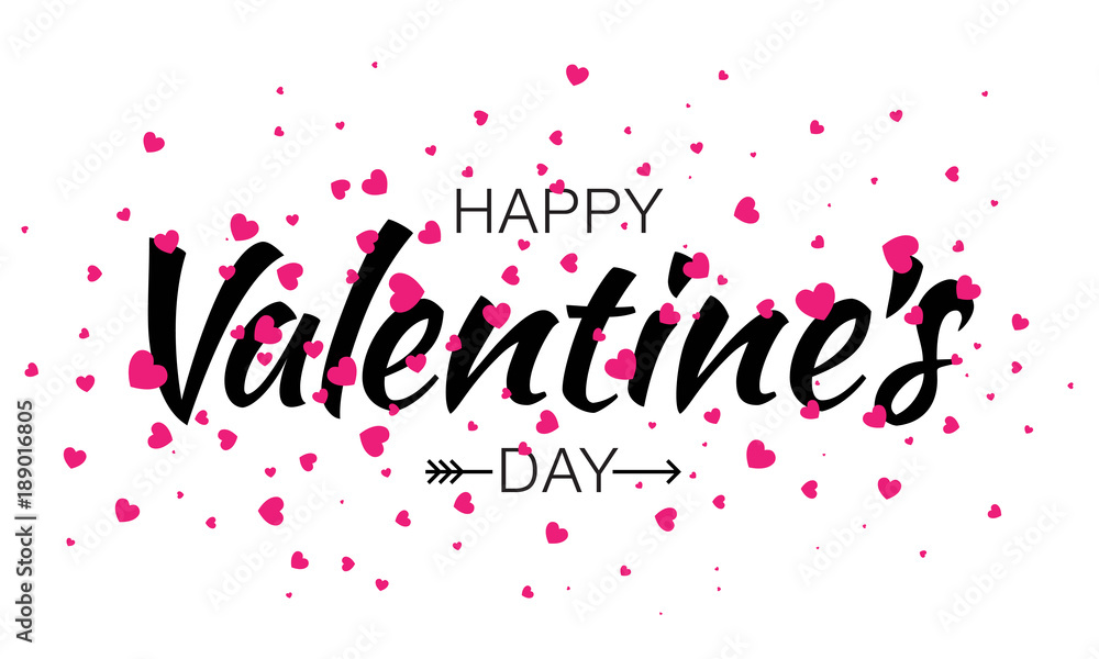 Happy Valentines Day Typographic Lettering isolated on white Background With Pink Hearts and Arrow. Vector Illustration of a Valentine's Day Card.