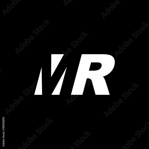 Initial letter MR, negative space logo, white on black background