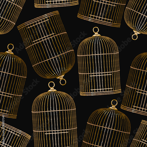 Embroidery golden bird's cages seamless pattern. Symbol of love, passion. Gold cages pattern. Fashionable clothes, t-shirt design. Clothes, t-shirt textile design template