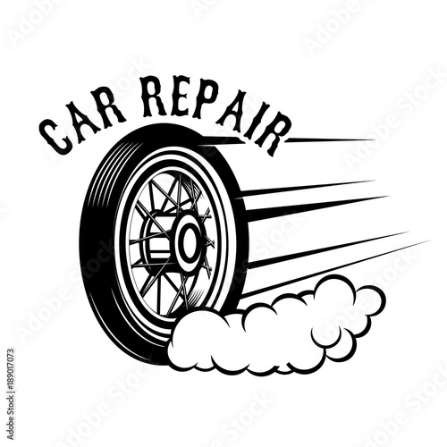 Car repair. Wheel with speed lines. Design element for logo, label, emblem, sign.
