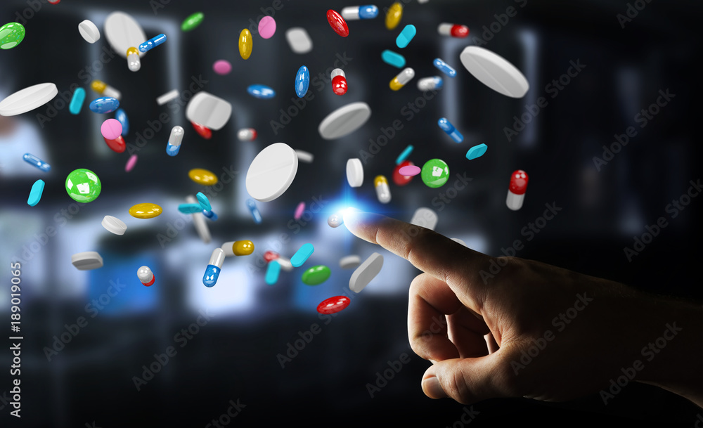 Businessman holding and touching floating medicine pills 3D rendering Businessman holding and touching floating medicine pills 3D rendering