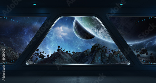 Fototapeta Naklejka Na Ścianę i Meble -  Spaceship futuristic interior with view on exoplanet