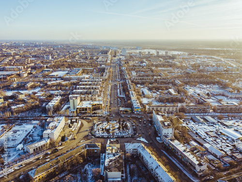 aerial view of the european town streets on a winter sunny day