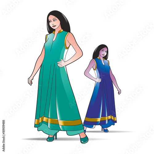 fashion girl in frock posing vector drawing
