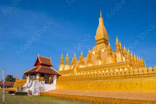 VIENTIANE, LAOS - JANUARY 19, 2018: Wat Phra That Luang, One of the Most Sacred Temples in Vientiane,Religious architecture and landmarks of Vientiane, Laos