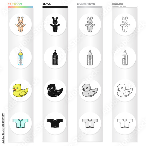 A bottle with a pacifier for feeding, a children's loose shirt, bunny and duckling toys. Care for a child set collection icons in cartoon black monochrome outline style vector symbol stock