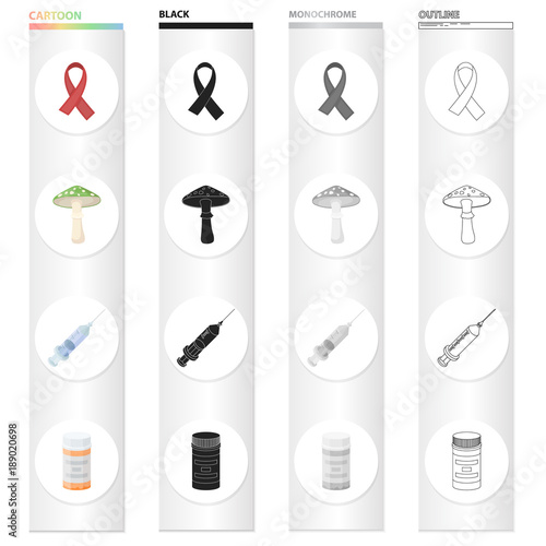AIDS tape, a hallucinogenic fungus, a syringe with a drug, a medicine.Drugs set collection icons in cartoon black monochrome outline style vector symbol stock illustration web.