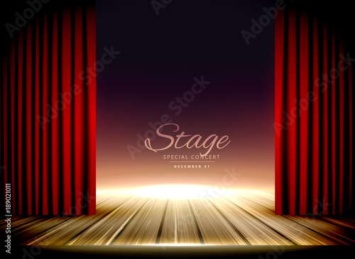 theater stage with red curtains and wooden floor