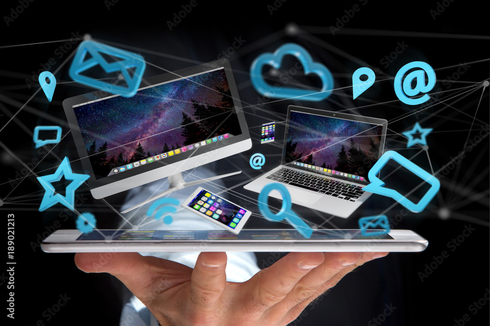 Fototapeta premium Devices like smartphone, tablet or computer flying over connection network and app- 3d render