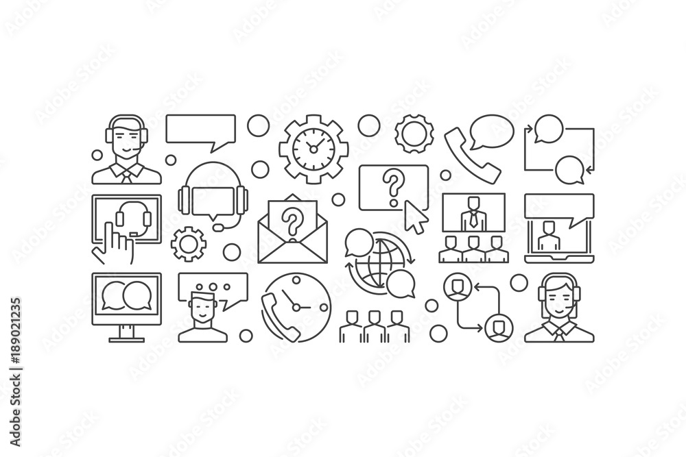 Customer service and support vector outline horizontal banner