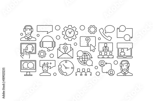 Customer service and support vector outline horizontal banner