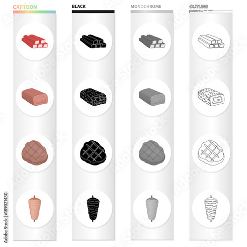 Crab sticks, meat roll, fried steak, kebab. Meat set collection icons in cartoon black monochrome outline style vector symbol stock illustration web.